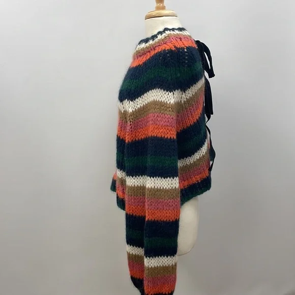 Zara Striped Slouchy Chunky Knit Balloon Sleeve Crop Sweater Retro Boho Small - Picture 6 of 12